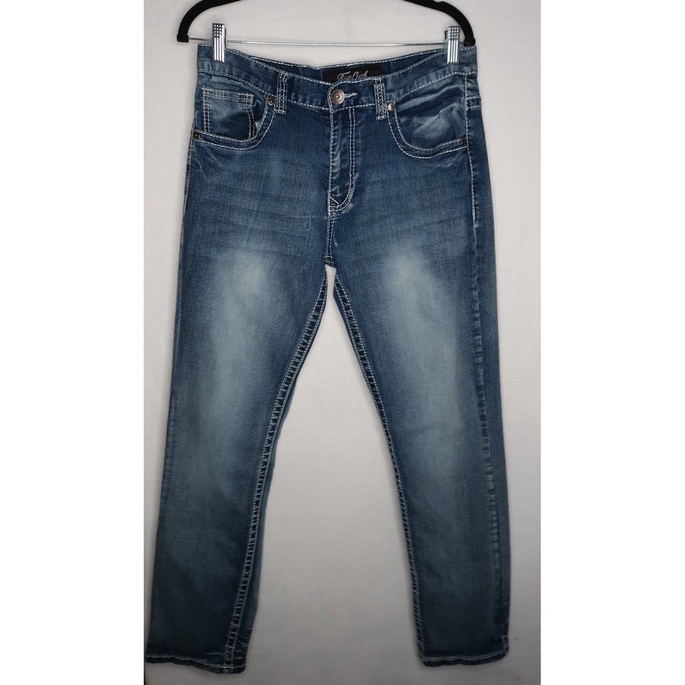 True Luck Mens 32x30 Slim Jeans Blue Medium Wash Denim Y2K Streetwear EUC